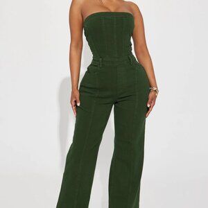 Fashion Nova Mine For The Weekend Denim Jumpsuit - Green Size M